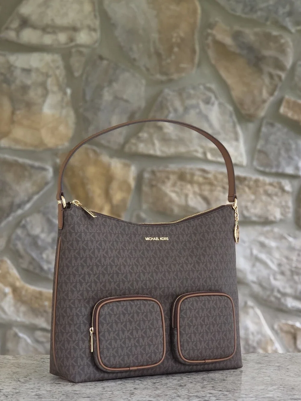 Michael Kors Merritt Large Brown Signature Logo Cargo Shoulder Bag